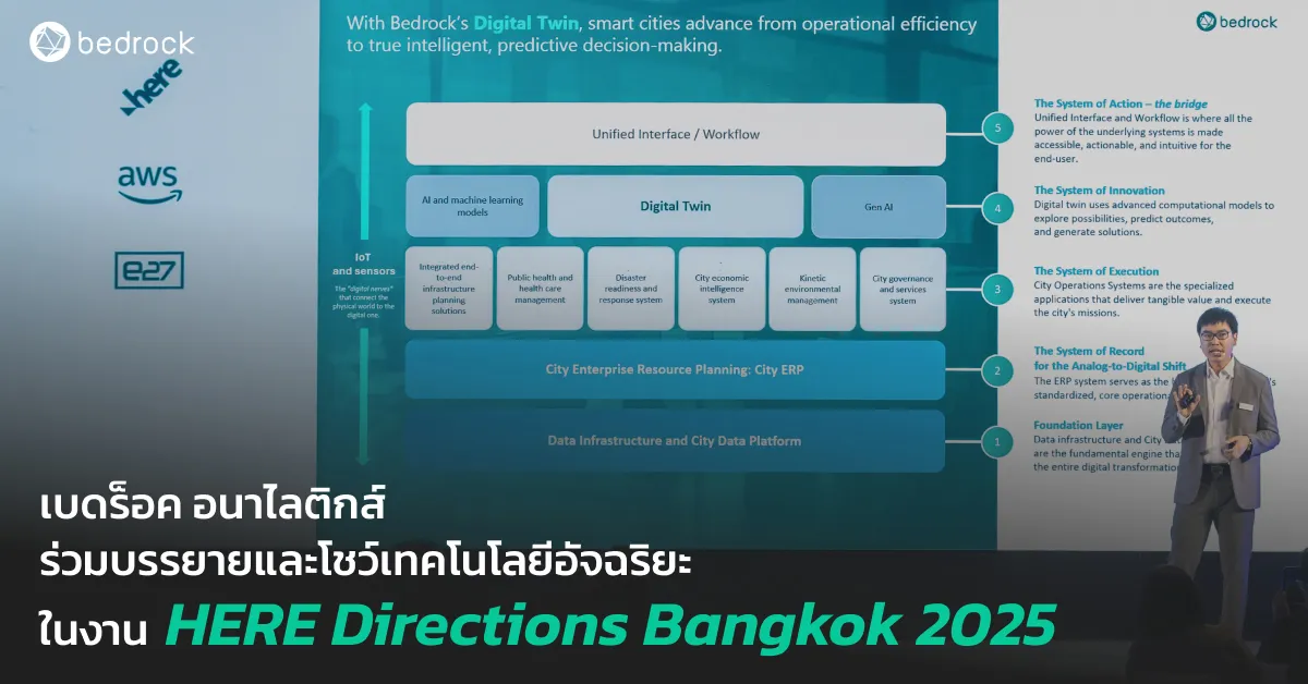 เบดร็อค อนาไลติกส์ ร่วมบรรยายและออกบูธแสดงเทคโนโลยีอัจฉริยะในงาน HERE Directions Bangkok 2025 เพื่อสนับสนุนการเปลี่ยนผ่านสู่ดิจิทัลของภาครัฐและเอกชน